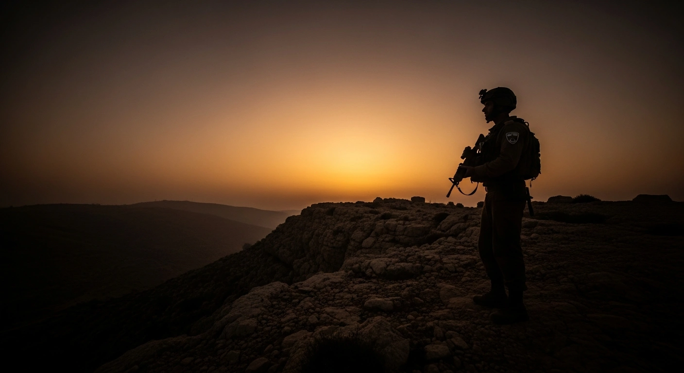 An Israeli soldier stands guard on a rocky ridge during twilight to represent the IDF's increased military readiness and extended reservist service requirements.