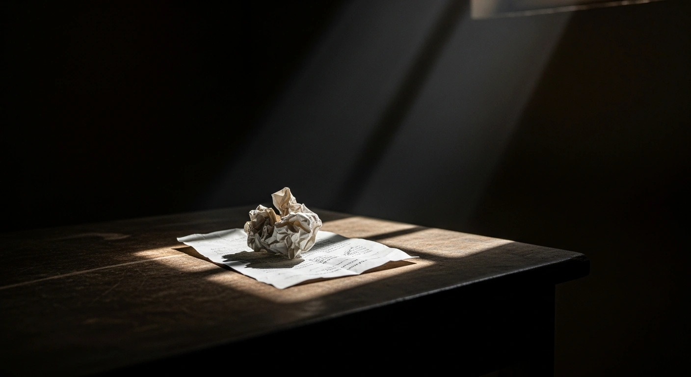 A stark, high-contrast image depicts a single beam of light illuminating a crumpled document on a worn table in a dimly lit room, symbolizing the announced killing of Hamas commander Muhammad Hamed Muhammad al-Hawli by the Israel Defense Forces and Shin Bet.