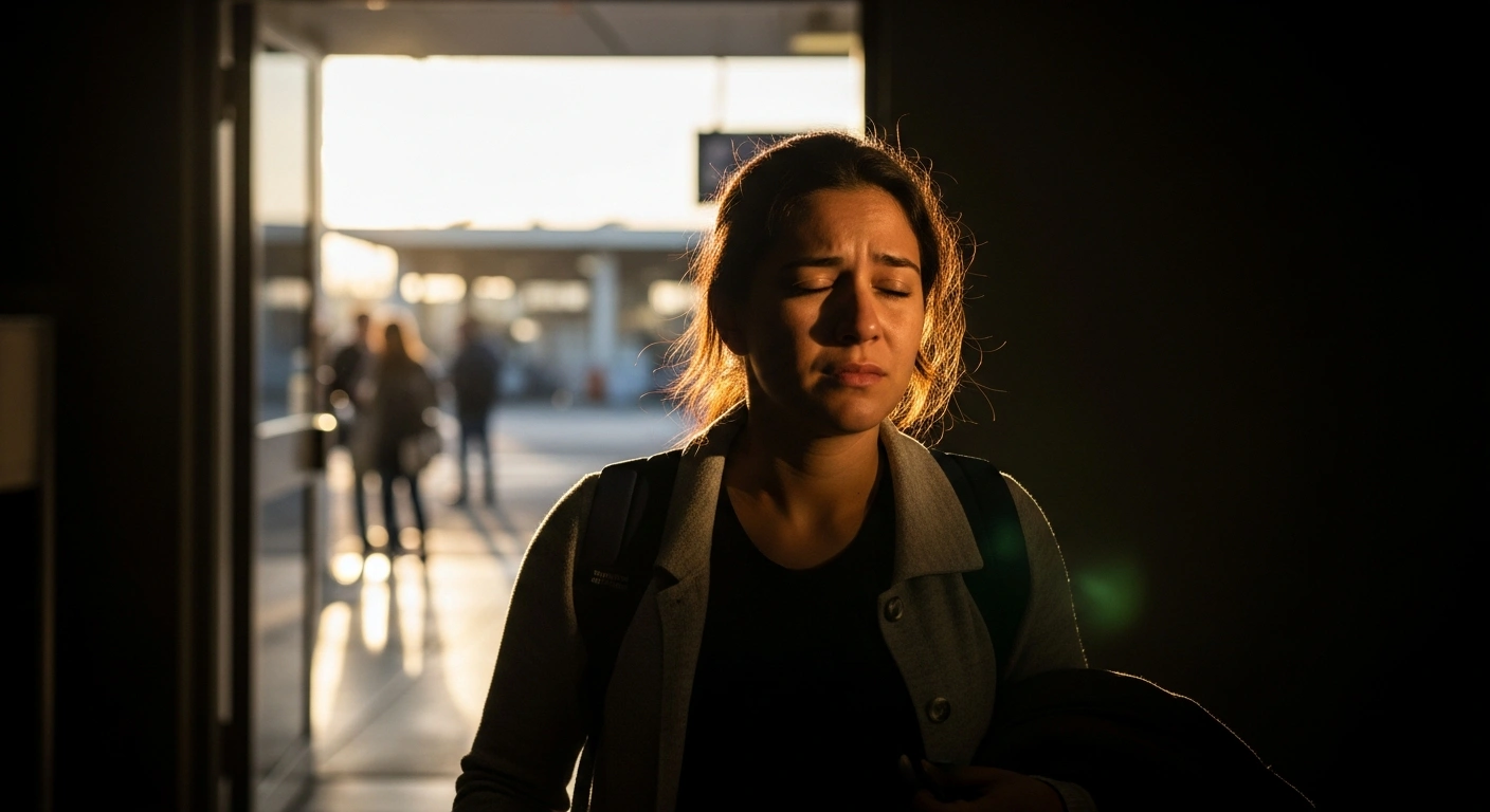A young Israeli-Turkish dual national, a former IDF soldier, steps out of a building into bright sunlight, showing relief after her arrest in Istanbul for past military service and subsequent release following diplomatic efforts.