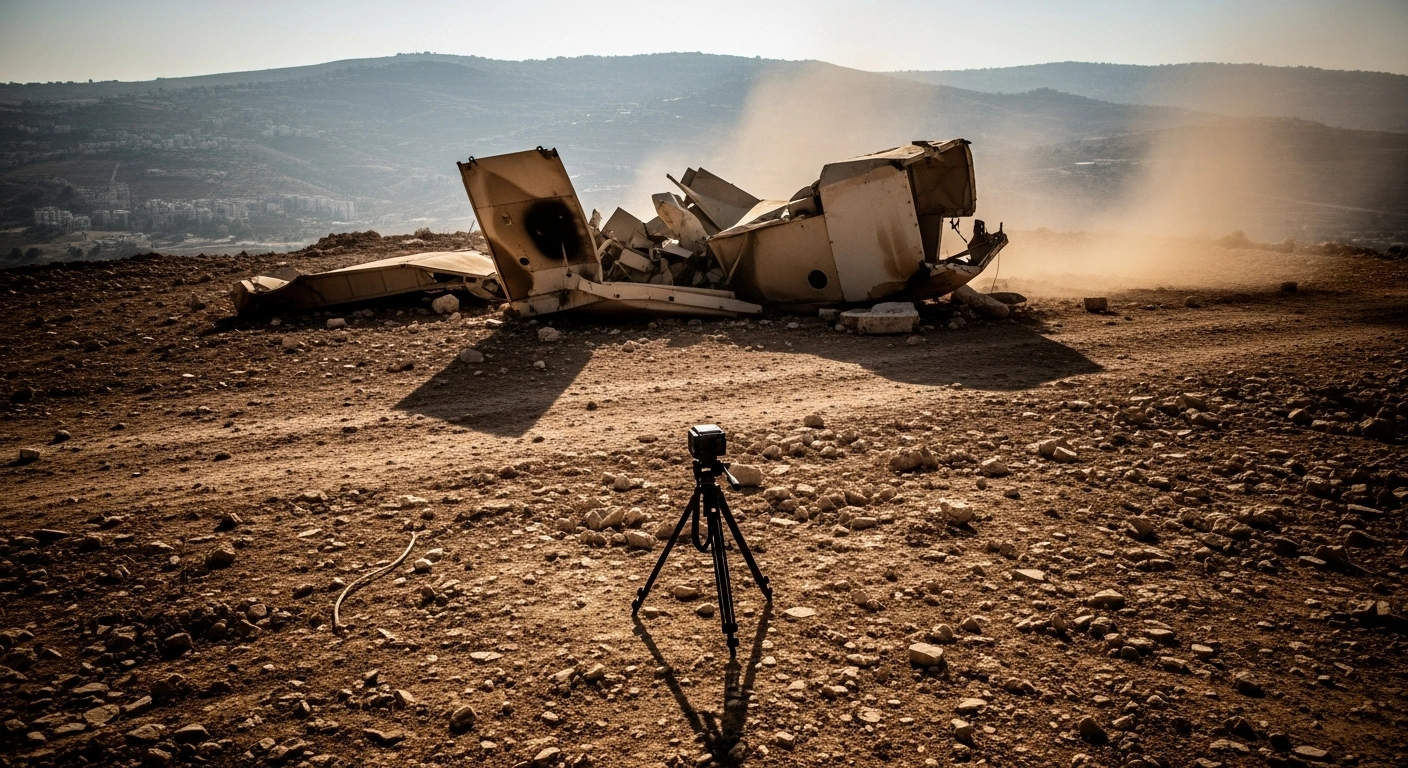 An abandoned camera tripod sits in the dusty landscape of southern Lebanon following a targeted IDF strike against a Hezbollah intelligence operative.