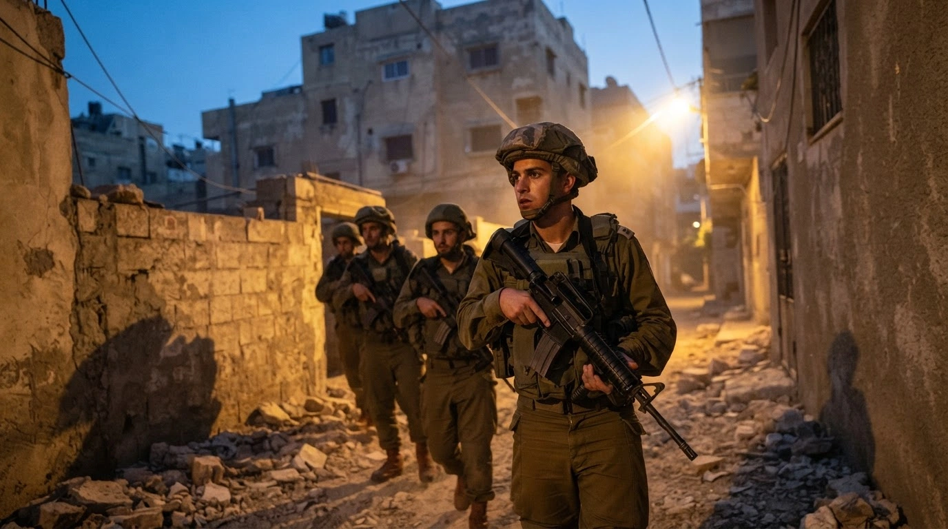 Israeli Defense Forces soldiers conduct a tactical operation in an urban area as part of their mission to apprehend individuals involved in the October 7 attacks.