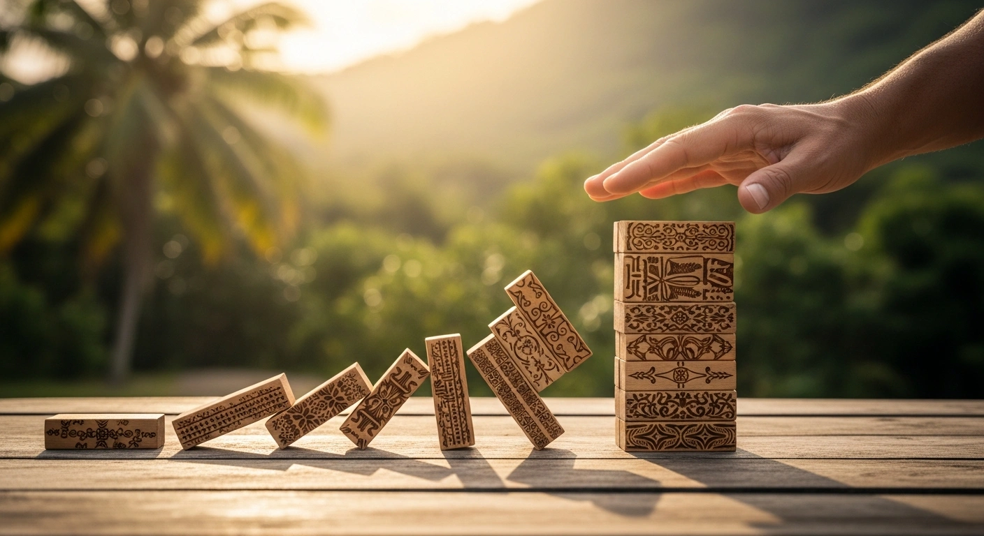 A cinematic image shows a hand hovering over a stack of wooden blocks on a weathered table in a tropical French overseas territory, symbolizing the modest deceleration in business failures reported by IEOM and IEDOM between September 2024 and September 2025, reflecting a complex economic landscape.