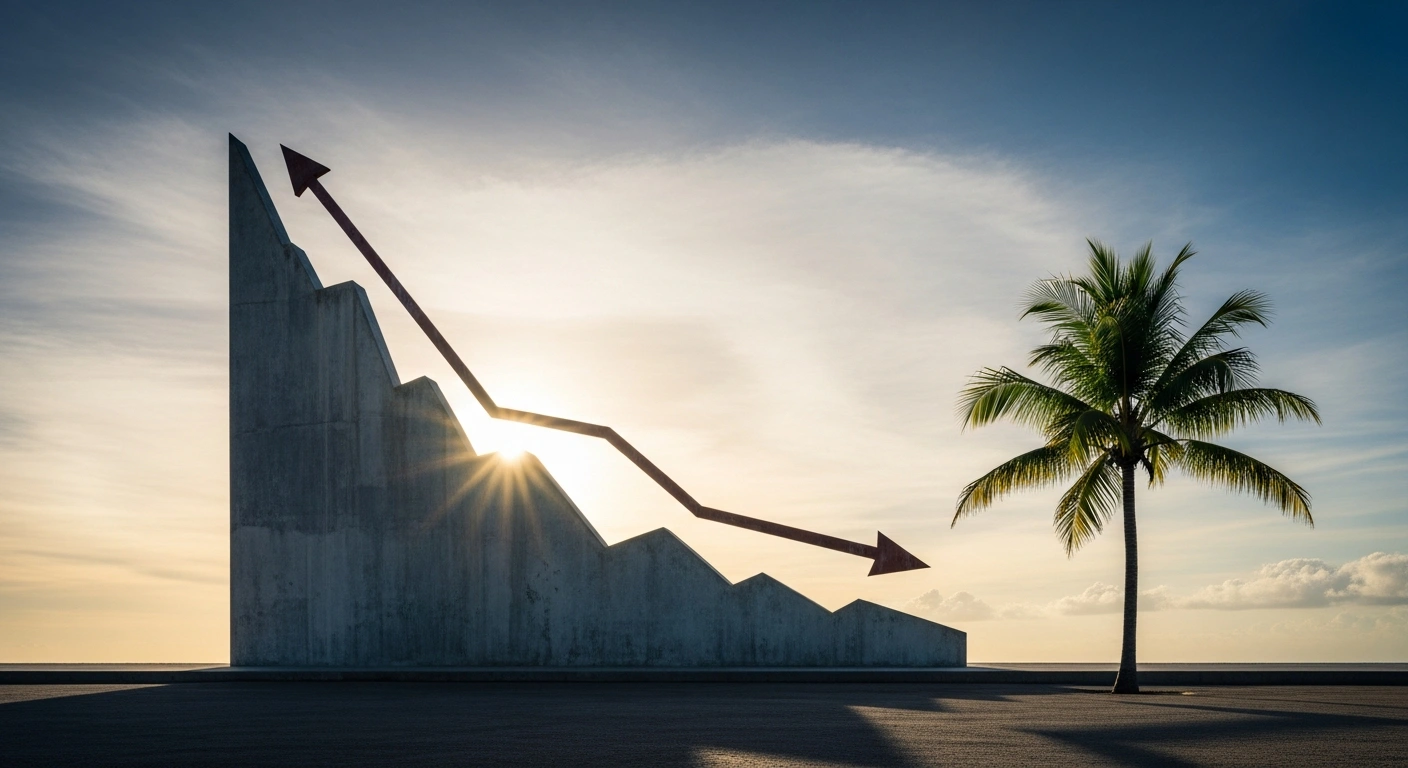 A monumental sculpture resembling a financial graph, with a steep upward curve that is now subtly flattening, stands against a tropical sky, symbolizing the deceleration in the growth rate of business failures across French overseas territories like Wallis and Futuna, as announced by the IEOM, with a 19.1% year-on-year increase, down from 29.6%.