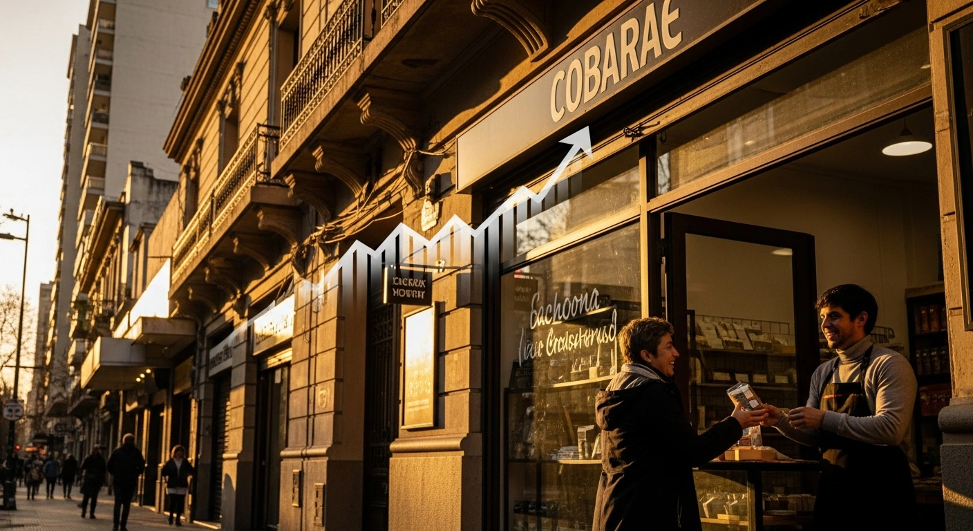 A vibrant, sun-drenched street scene in Argentina depicts a thriving small business, symbolizing the US$150 million investment by the International Finance Corporation (IFC) in BBVA Argentina to expand long-term financing for small and medium-sized enterprises (SMEs), fostering economic growth and job creation.