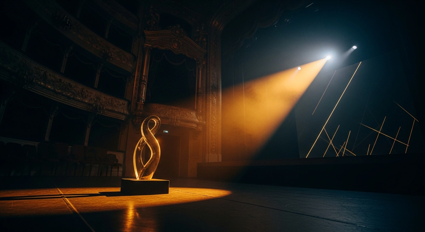A golden award sculpture sits on a stage at the conclusion of the IFF Art Film Košice festival in Slovakia.
