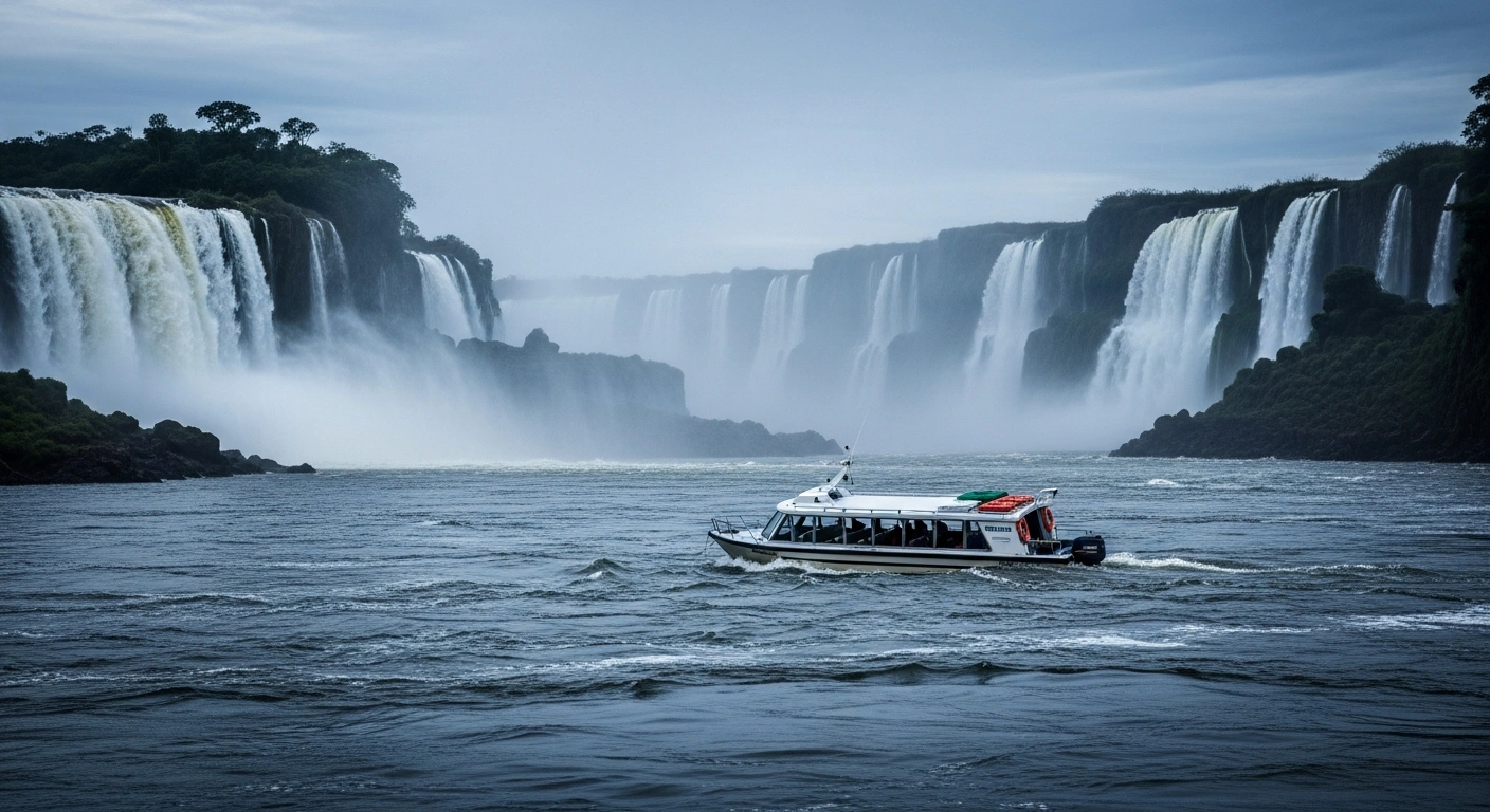 A capsized tour boat floats in the turbulent waters of the Iguaçu River near the Iguaçu Falls in Brazil following a fatal accident.