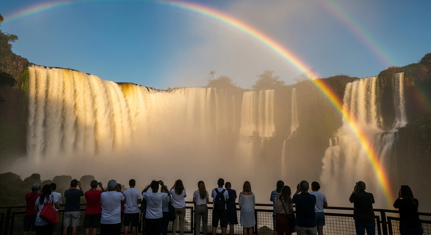 A wide shot of Iguazu Falls at golden hour, with a rainbow arching over the thundering water and a diverse group of visitors on a viewing platform, representing Iguazu National Park's record of over 1.5 million visitors in 2025 as Argentina's leading natural attraction.