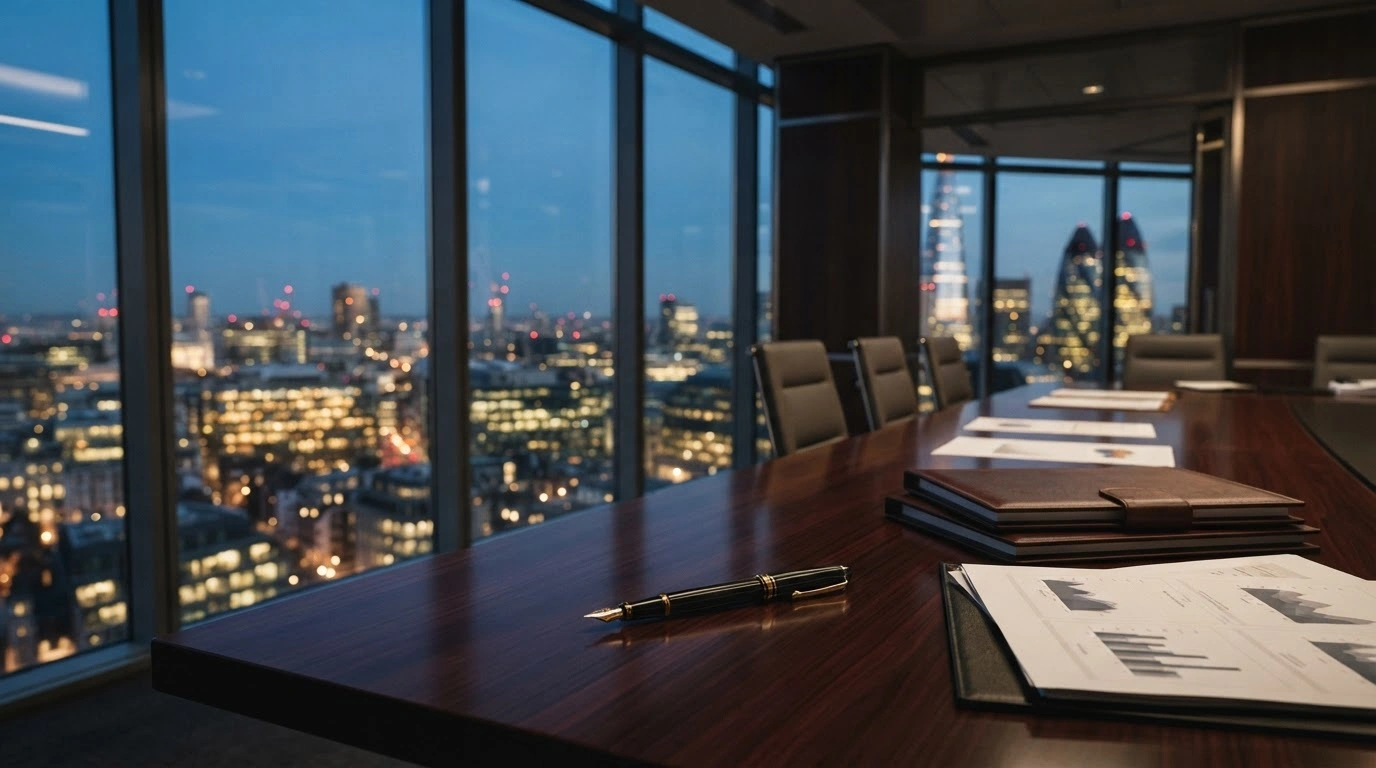 A professional boardroom overlooking a financial district represents the InterContinental Hotels Group share buyback program and capital allocation strategy.