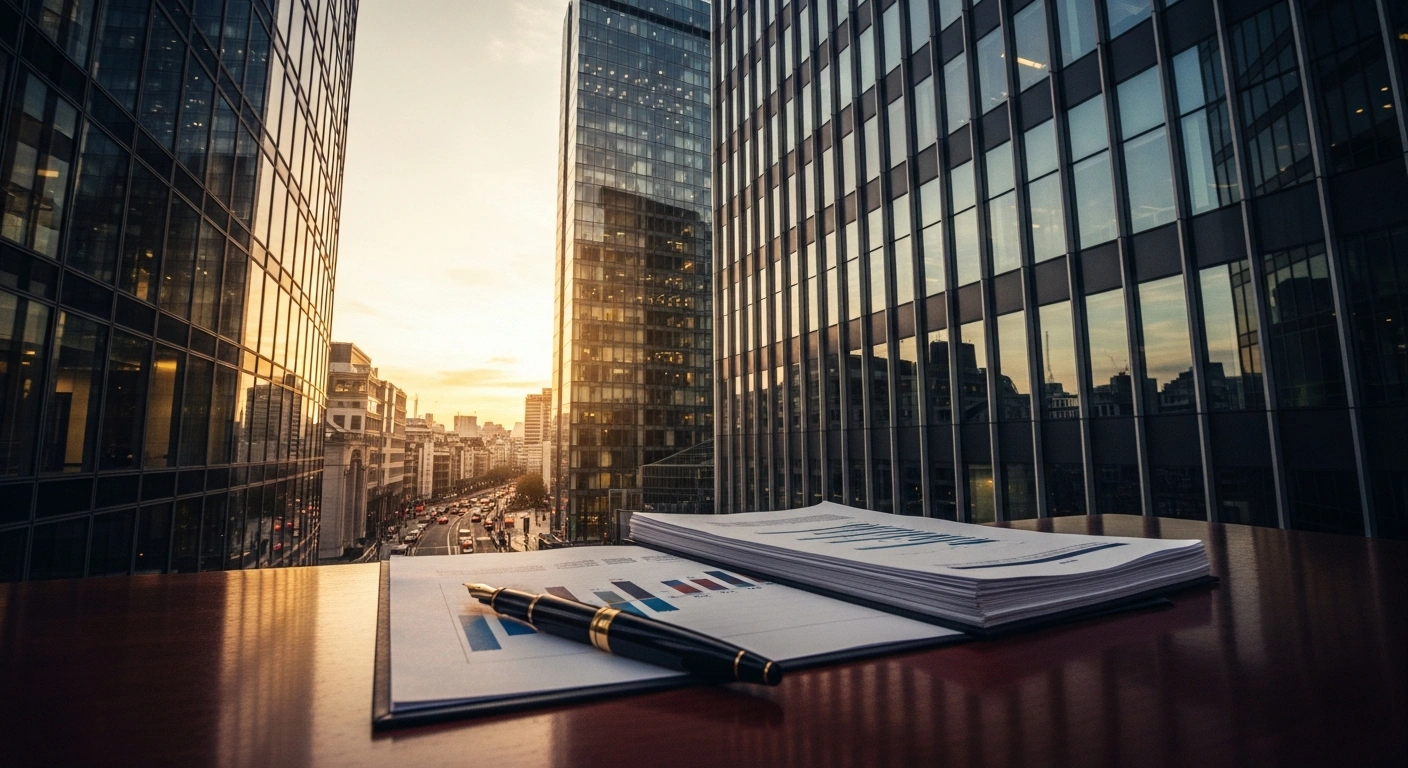 A professional office setting overlooking the London skyline represents the InterContinental Hotels Group share repurchase program.