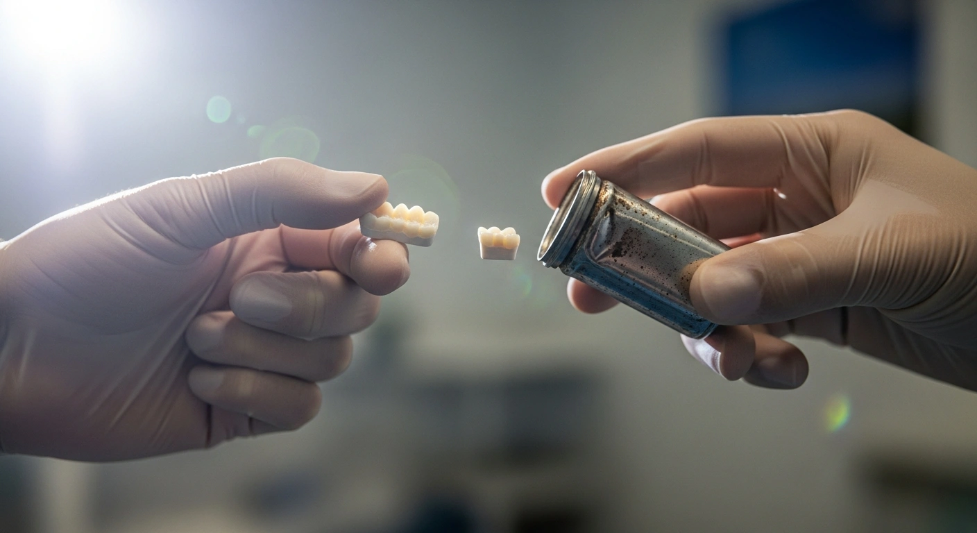 A close-up shows gloved hands, one holding a modern, mercury-free dental restorative material, while the other gently moves aside an old, tarnished container, symbolizing the Indian Health Service's decision to discontinue mercury-containing dental amalgam in its facilities and tribal dental programs by 2027 due to health and environmental concerns.