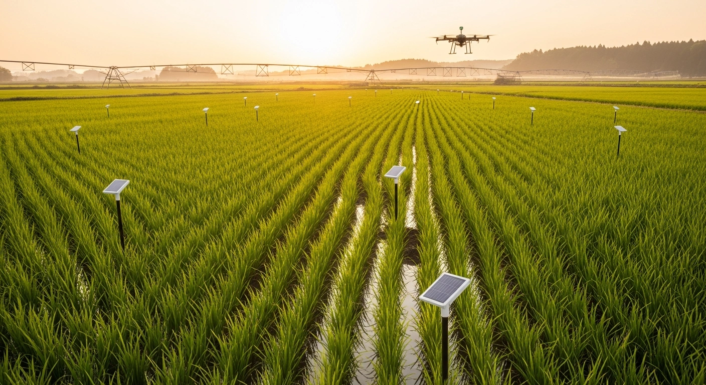 A wide shot of a Japanese rice paddy field at dawn, featuring advanced soil moisture sensors and automated irrigation drones, symbolizing the smart agriculture services provided by the IIJ and Sony Semiconductor Solutions joint venture to address climate change impacts and labor shortages.