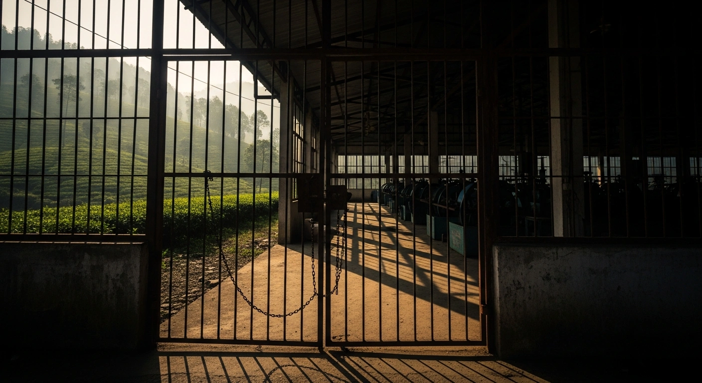 A closed tea factory in Ilam, Nepal, sits silent as operations are suspended due to new export testing requirements.