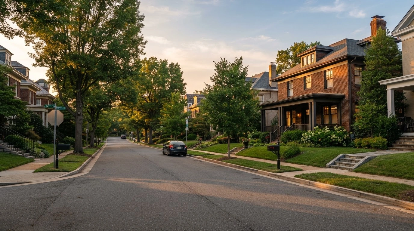 A peaceful residential street in Washington D.C. remains quiet and undisturbed, refuting false claims of a raid on Representative Ilhan Omar's home.