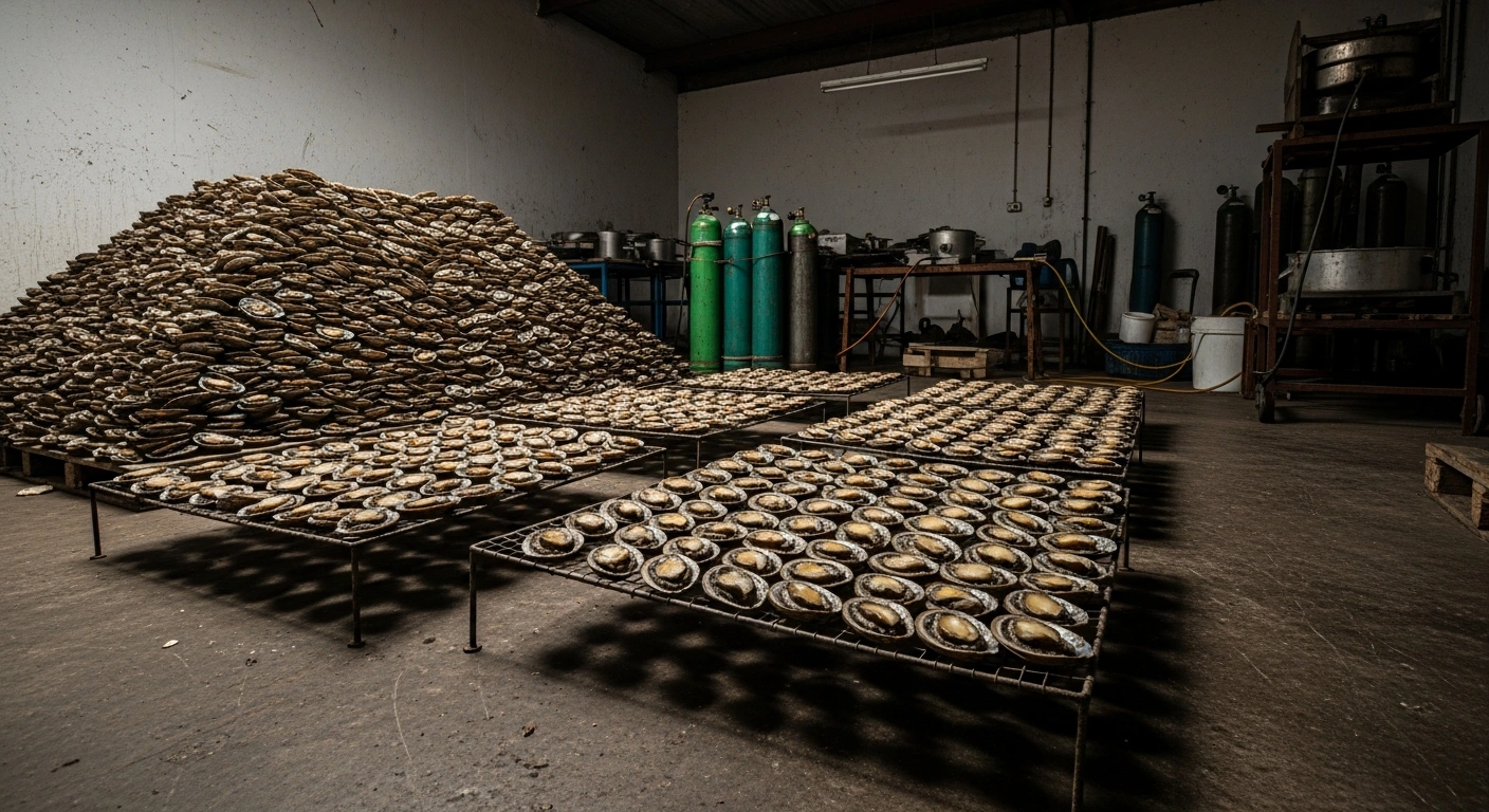 A low-angle shot inside a dimly lit Cape Town warehouse shows a large pile of seized abalone shells on drying racks, alongside industrial gas cylinders and drying equipment, representing an intelligence-driven operation against illegal marine resource exploitation.