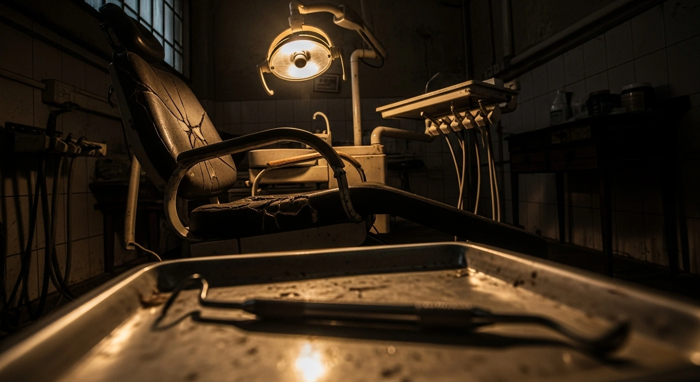 A low-angle, Dutch-tilted shot of a worn dental chair in a dimly lit, cluttered room, with a rusty dental instrument lying on a stained tray in the foreground, symbolizing illegal and botched dental work.