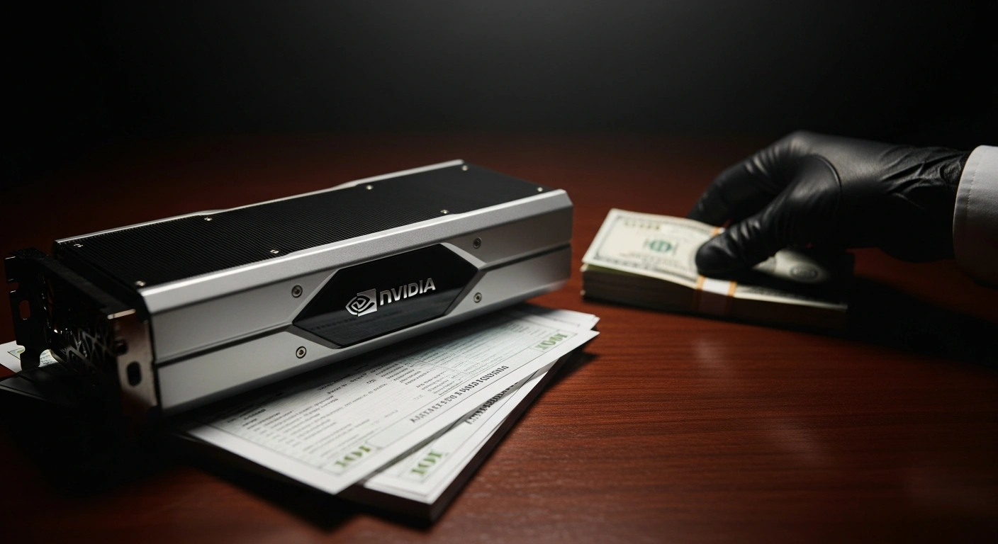 A dramatically lit close-up shows an advanced Nvidia GPU resting on falsified documents next to a stack of cash, symbolizing the illegal export conspiracy of AI-capable GPUs to China and the alleged proceeds that led to federal arrests.