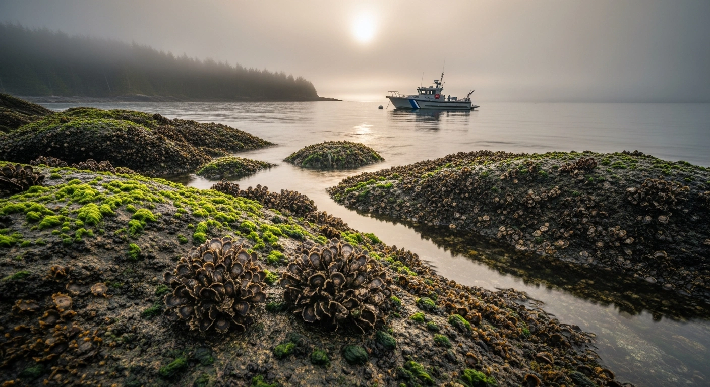 A Fisheries and Oceans Canada patrol boat monitors the protected oyster beds along the rugged coastline of Deep Bay in British Columbia.