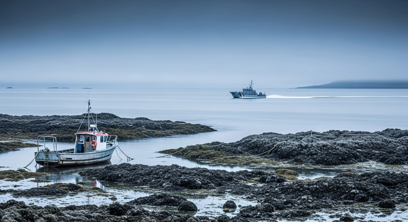 A Fisheries and Oceans Canada patrol boat monitors the rocky shoreline of Deep Bay where illegal oyster harvesting has been prohibited.