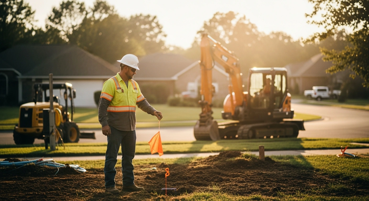 A construction worker holds a utility flag in a residential yard to promote safe digging practices for 811 Day in Illinois.