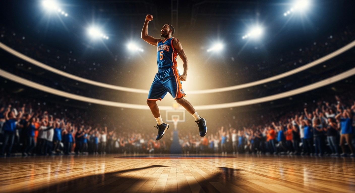 A University of Illinois basketball player celebrates on the court after securing a spot in the NCAA Final Four.