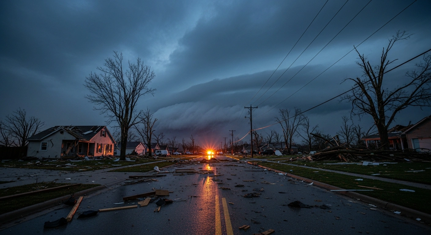 Emergency responders search through the debris of damaged homes in Illinois following a destructive supercell thunderstorm and tornado.