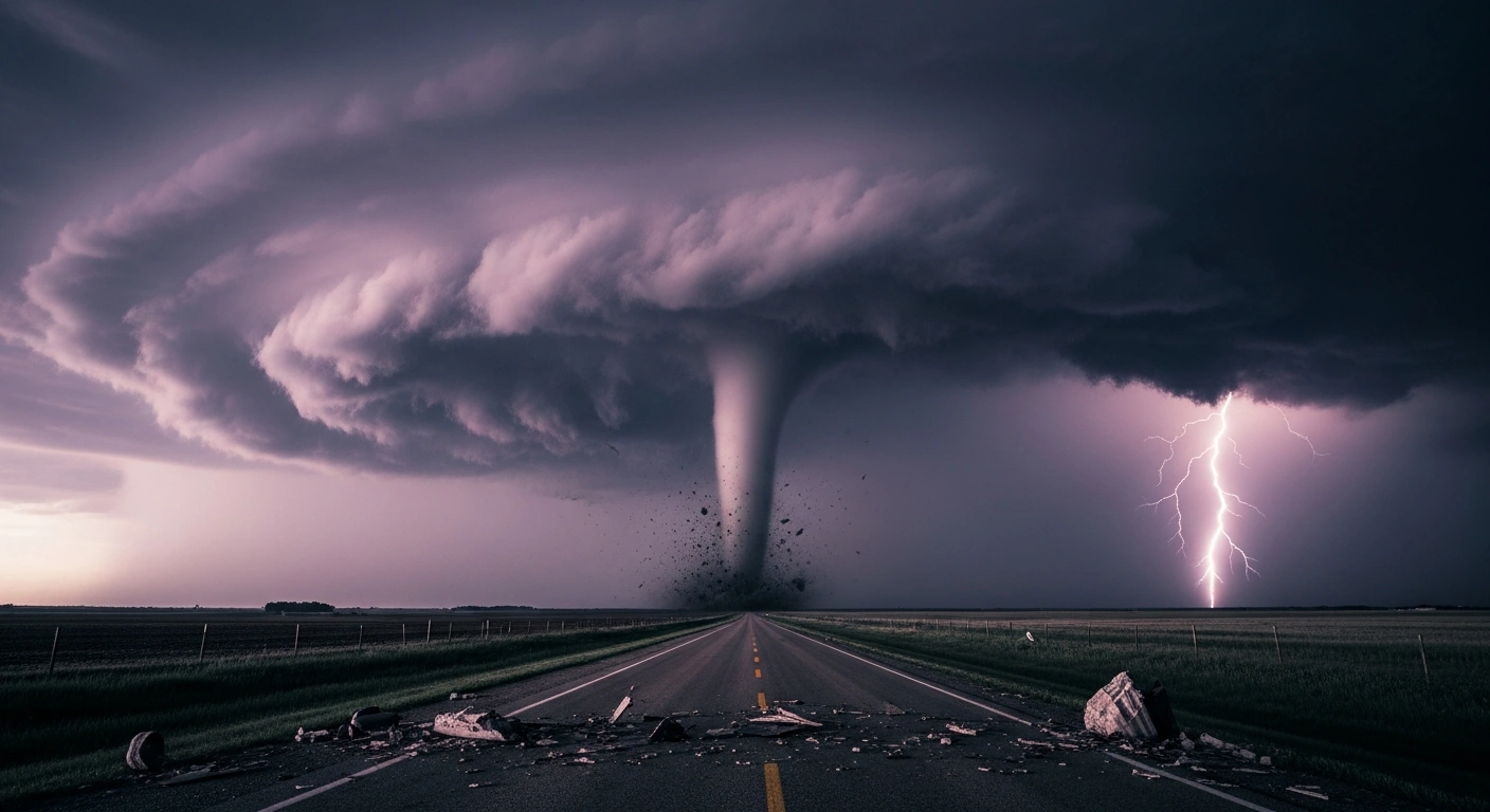 A powerful tornado touches down in a rural area of northern Illinois, causing significant damage to the surrounding landscape during a severe weather event.