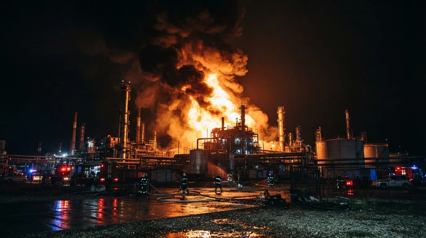 A massive fire burns at the Ilsk Oil Refinery in Russia's Krasnodar Krai following a reported drone attack, with emergency vehicles responding to the scene at night.