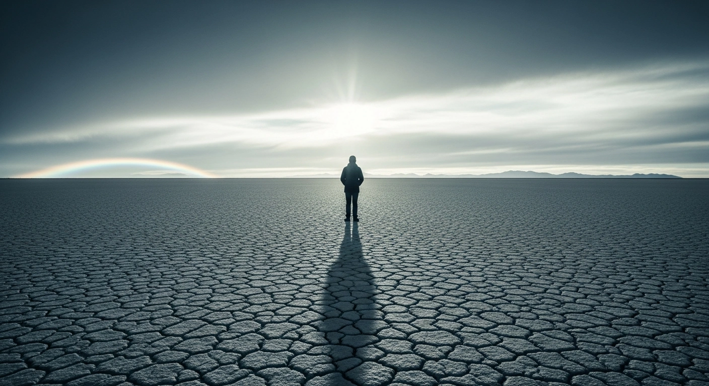 A solitary figure stands on a vast, cracked, arid landscape under an overcast sky, symbolizing Argentina's revised 2025 economic outlook with lowered growth and increased inflation, reflecting a cautious stance by the International Monetary Fund.