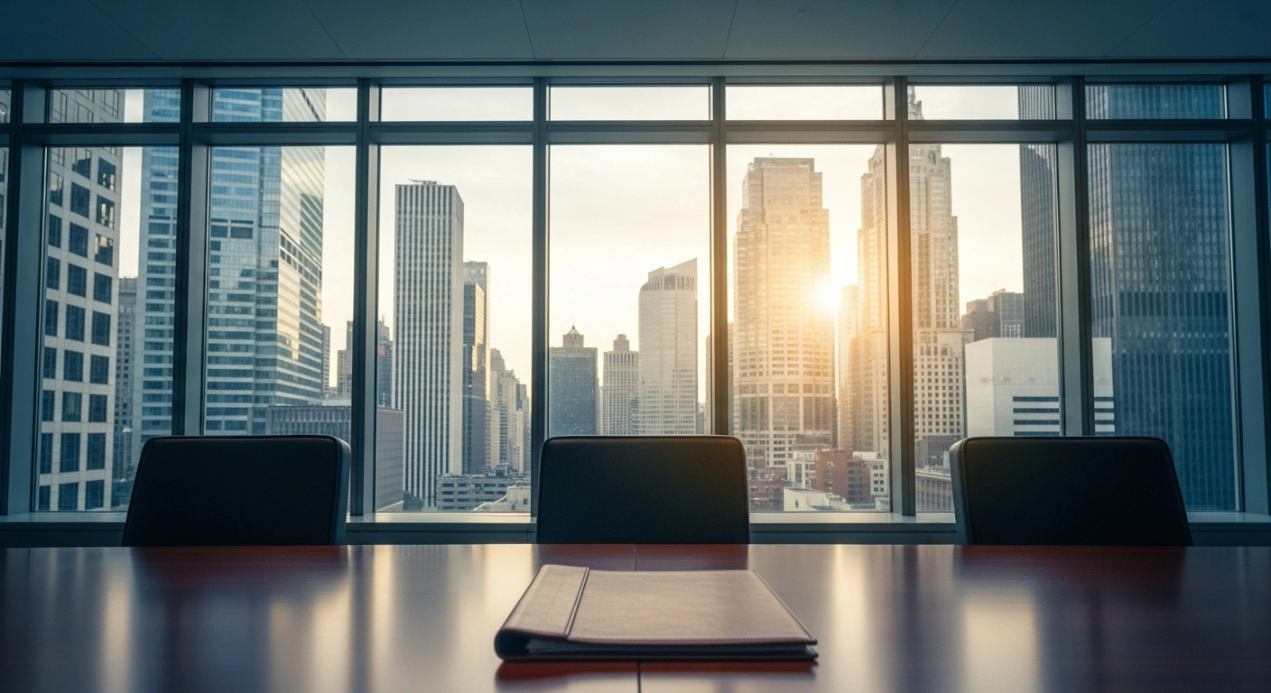 A professional boardroom overlooking a financial district represents the International Monetary Fund reviewing Argentina's economic program for a billion-dollar disbursement.