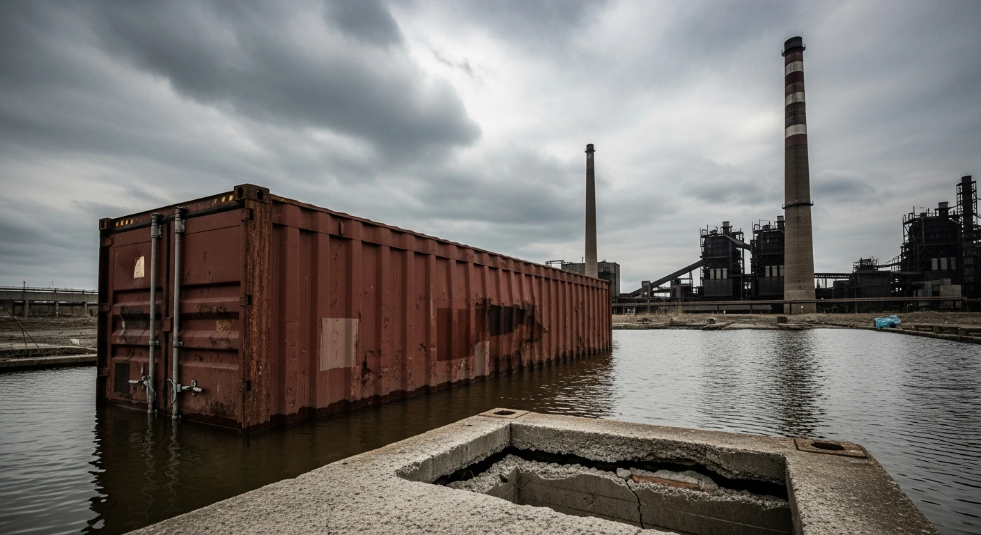 A desolate industrial landscape under an overcast sky, featuring a large, rusted shipping container half-submerged in stagnant water and towering, unlit factory smokestacks in the distance, visually representing the International Monetary Fund's concerns about China's economic policies, including overcapacity, waste, and underlying instability.