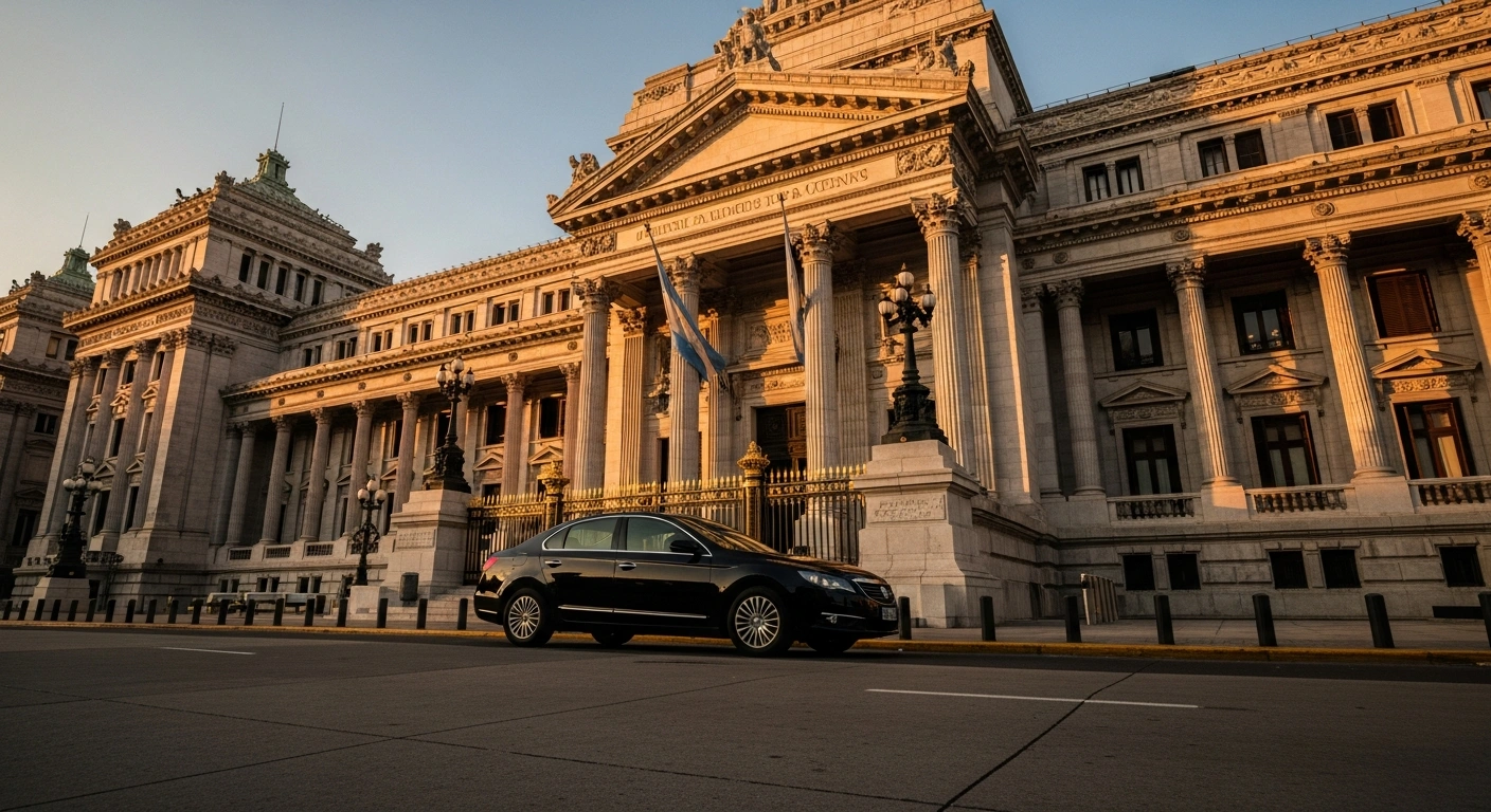 A black sedan arrives at a government building in Buenos Aires ahead of a scheduled visit by IMF Managing Director Kristalina Georgieva.