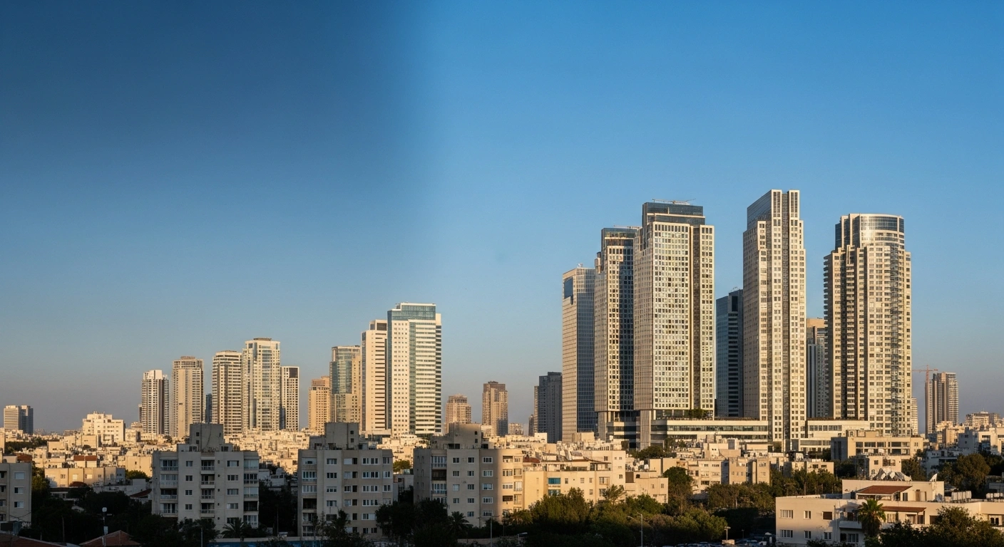 A sun-drenched, modern Tel Aviv skyline, symbolizing Israel's economic resilience and projected growth, is partially obscured by a cool-toned shadow falling over residential high-rises, representing the International Monetary Fund's (IMF) cautionary advice against mortgage subsidies and highlighting fiscal policy challenges.
