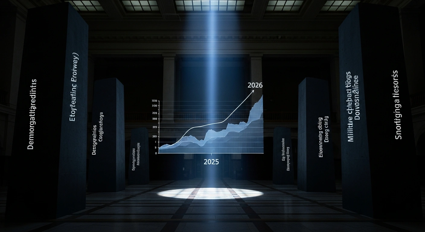 A holographic financial graph displaying moderate economic growth for 2025 and a projected weakening of the fiscal position in 2026 is dramatically lit in a grand, neoclassical hall, surrounded by shadowy, monolithic figures symbolizing the fiscal pressures of demographics, rising defense spending, and green transition, as highlighted in the IMF's economic review of Lithuania recommending strengthened revenue and spending efficiency.