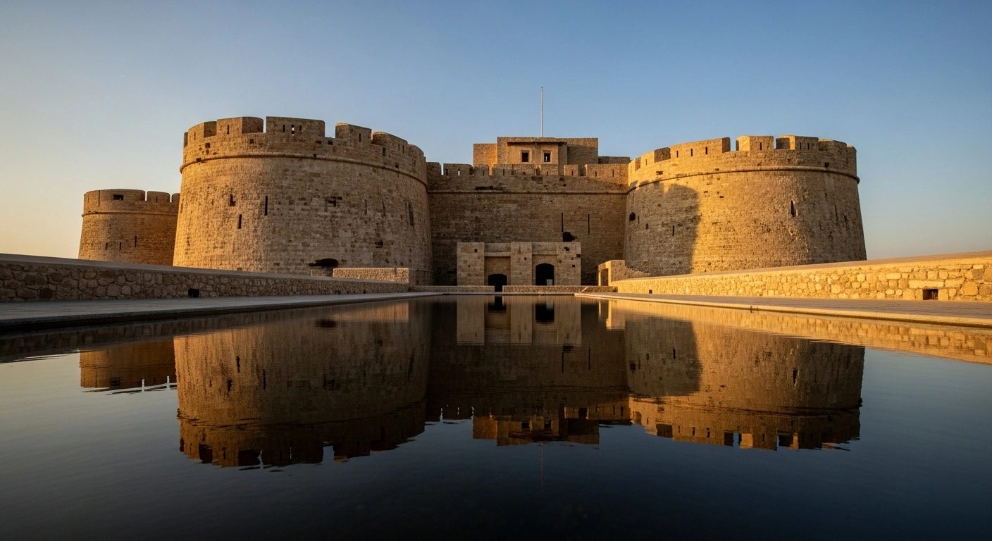 A majestic, ancient stone fortress stands under a golden sun, its impenetrable walls reflecting in a calm pool, symbolizing the International Monetary Fund's US$24 billion Flexible Credit Line for Mexico as a precautionary buffer against external risks, bolstering market confidence.