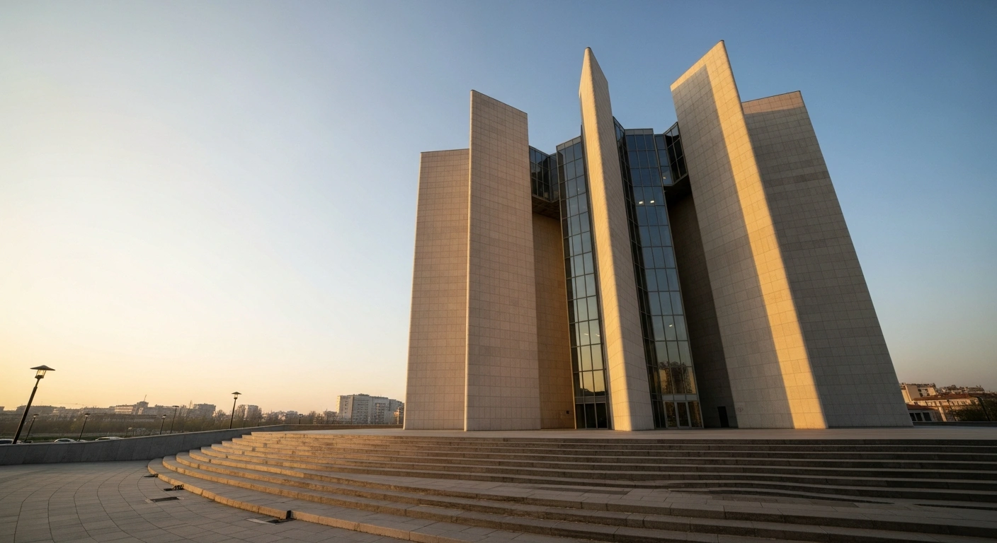 A modern, robust architectural structure, illuminated by warm sunlight, stands firm against a subtly muted urban backdrop, symbolizing Serbia's maintained fiscal discipline and advancing structural reforms despite slowed economic growth, as acknowledged by the IMF Executive Board's successful Second Review.