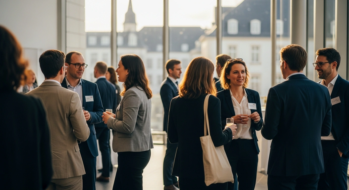 A diverse group of professionals networks and collaborates in a modern, sunlit event hall in Luxembourg-Ville, reflecting the themes of diversity and inclusion discussed at an IMS Luxembourg event for the Diversity Charter.