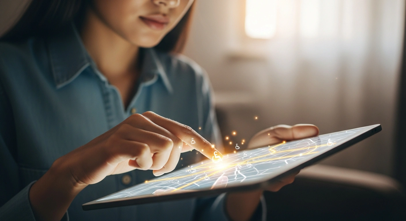 A woman's hands are shown in a medium close-up, gently navigating an interactive georeferenced map on a tablet, symbolizing the IMSS Bienestar tool to locate health units offering safe abortion services and reproductive healthcare across Mexico.