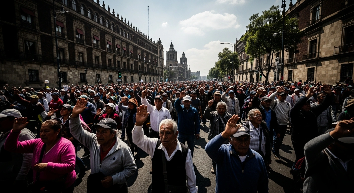 Retired workers from the Mexican Social Security Institute march through the streets of Mexico City to demand the restoration of their pension funds.