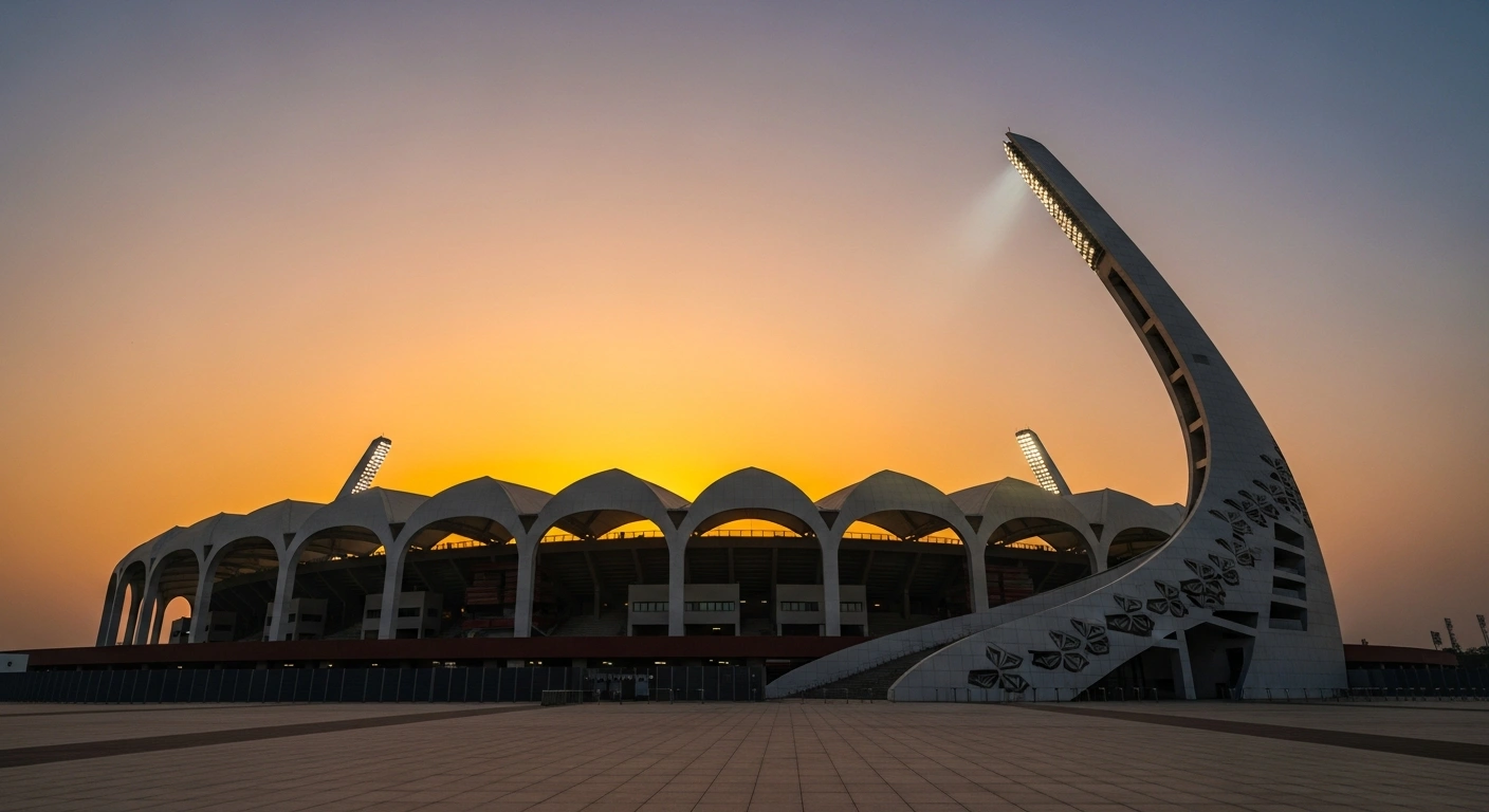 A futuristic Olympic stadium, subtly incorporating traditional Indian design, is bathed in the golden-orange glow of magic hour, symbolizing India's ambition to host the 2036 Olympic Games in Ahmedabad, as reiterated by Prime Minister Narendra Modi.