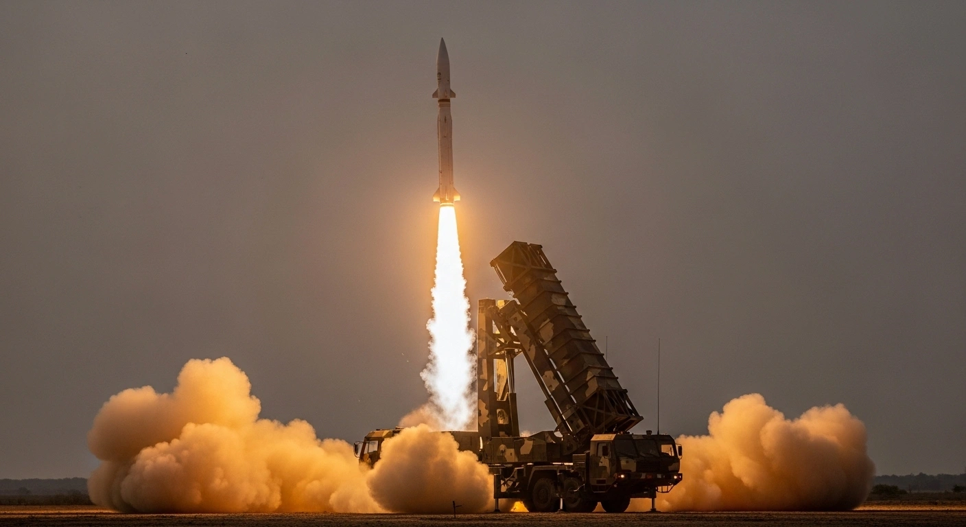A nuclear-capable Agni-Prime intermediate-range ballistic missile, test-fired by India, ascends dramatically from a rail-based mobile launcher at night, surrounded by fiery exhaust and smoke.