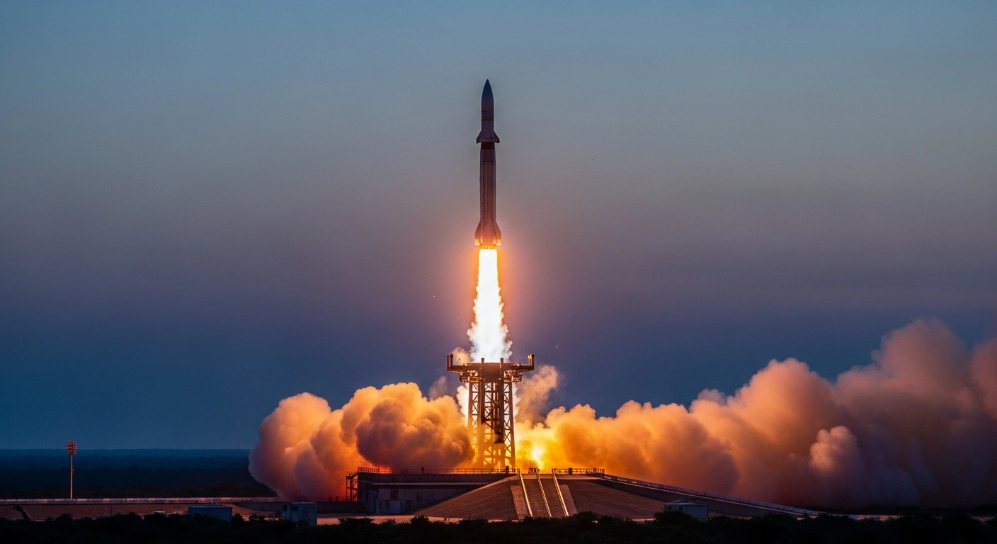 A powerful Agni-3 intermediate-range ballistic missile, test-fired by India, ascends into a pre-dawn sky with a fiery exhaust plume from the Integrated Test Range in Chandipur, Odisha.