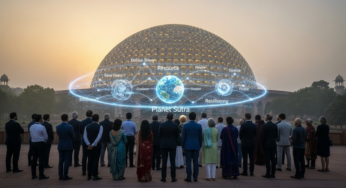 A diverse group of global leaders and experts stands in front of a modern, illuminated Indian architectural structure at dawn, observing a holographic projection of interconnected data streams representing resource efficiency and a resilient Earth, symbolizing the AI Impact Summit 2026 in New Delhi.