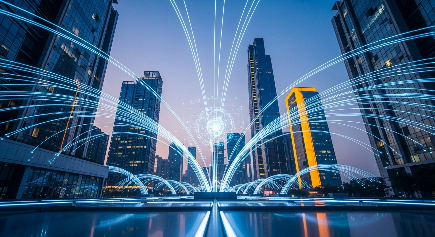 A futuristic Indian cityscape illuminated by glowing digital networks represents India's rapid advancement in artificial intelligence and global technological influence.