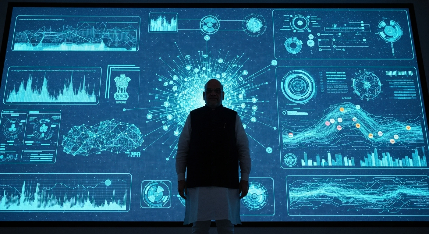 India's Home and Cooperation Minister, Amit Shah, stands in a high-tech control room, observing a large holographic display showing complex data visualizations, representing the inauguration of the AI-enabled National IED Data Management System (NIDMS) developed by NSG's National Bomb Data Centre for counter-IED efforts.