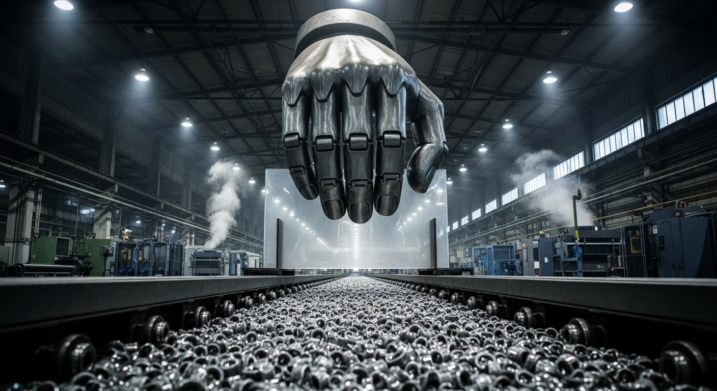 A stylized metallic hand, representing India, places a translucent barrier over a stream of generic industrial components, symbolizing Chinese imports like refrigerant gas and electrical steel, on a dimly lit factory floor, illustrating the imposition of anti-dumping duties to protect domestic industries.