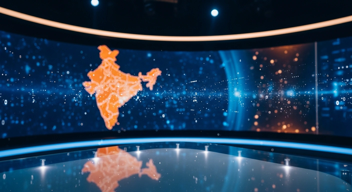 A modern news studio displays a digital map of India as media organizations prepare to broadcast exit poll projections following state assembly elections.