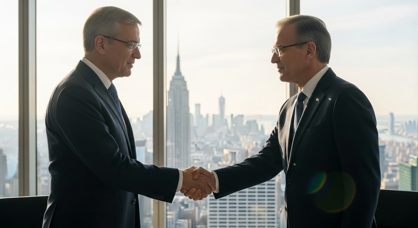 Two diplomats, one representing India and the other Austria, are shown shaking hands in a modern conference room with a blurred New York City skyline visible through a window, symbolizing bilateral cooperation in trade, technology, and peacekeeping.