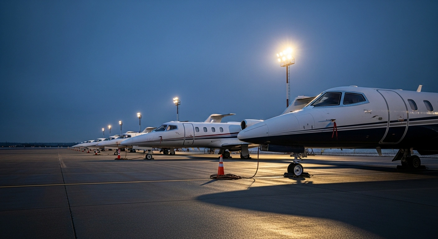 Four grounded Learjet aircraft, operated by VSR Ventures, are parked on a desolate tarmac under the cold light of dawn, symbolizing the DGCA's safety audit and the aftermath of a fatal crash involving Maharashtra Deputy Chief Minister Ajit Pawar.