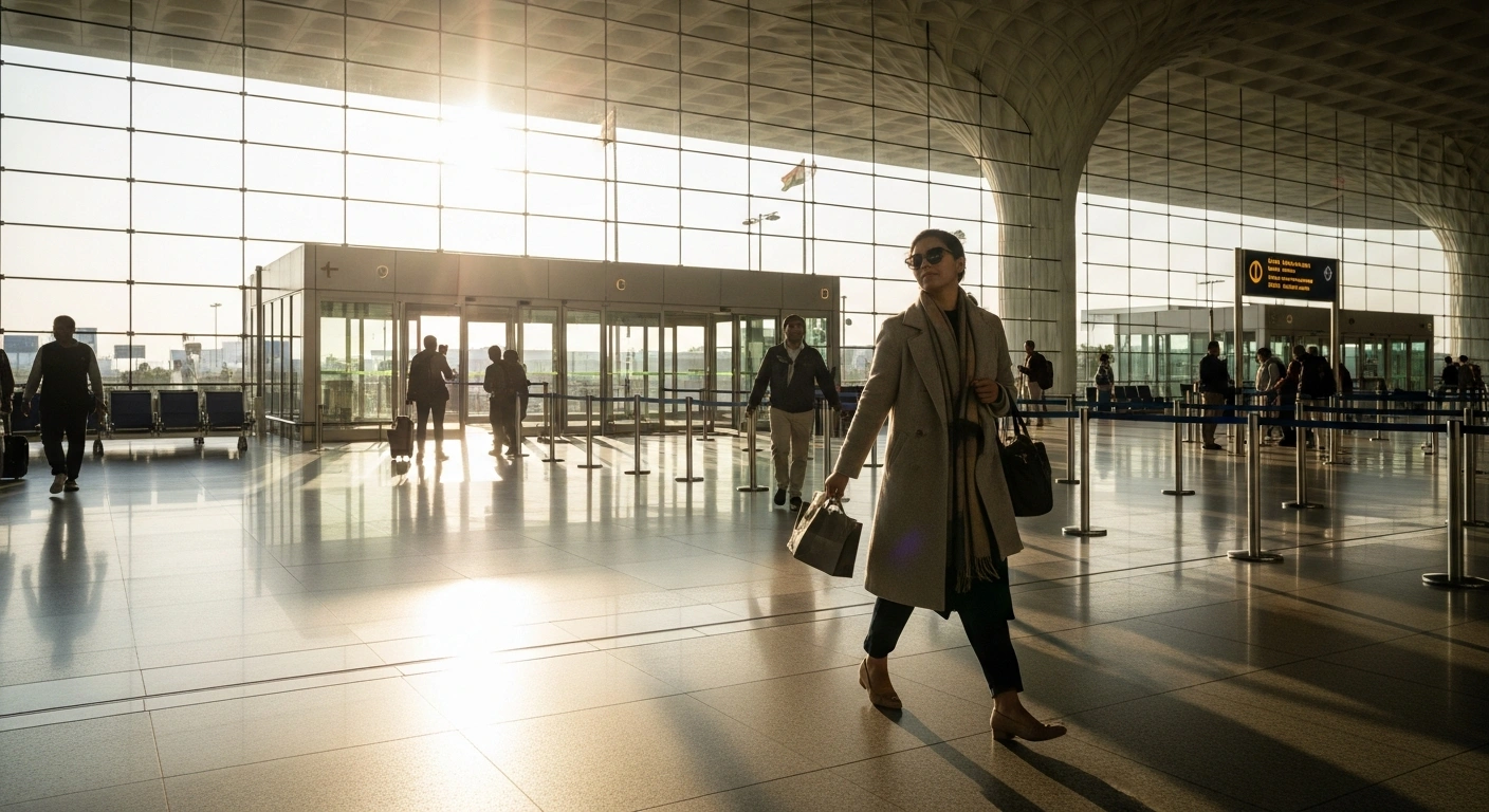 A stylish international passenger, representing foreign tourists and arriving passengers, confidently walks through a brightly lit, modern airport arrivals hall with a shopping bag, symbolizing India's increased duty-free allowance under the new Baggage Rules 2026, aimed at streamlining customs and boosting tourism.