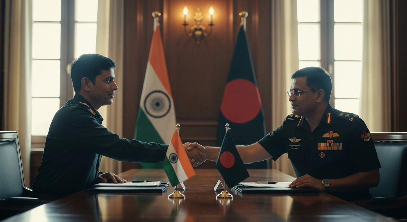 High-ranking officials from the Border Guards Bangladesh and India's Border Security Force shake hands during a bilateral border coordination conference in New Delhi.